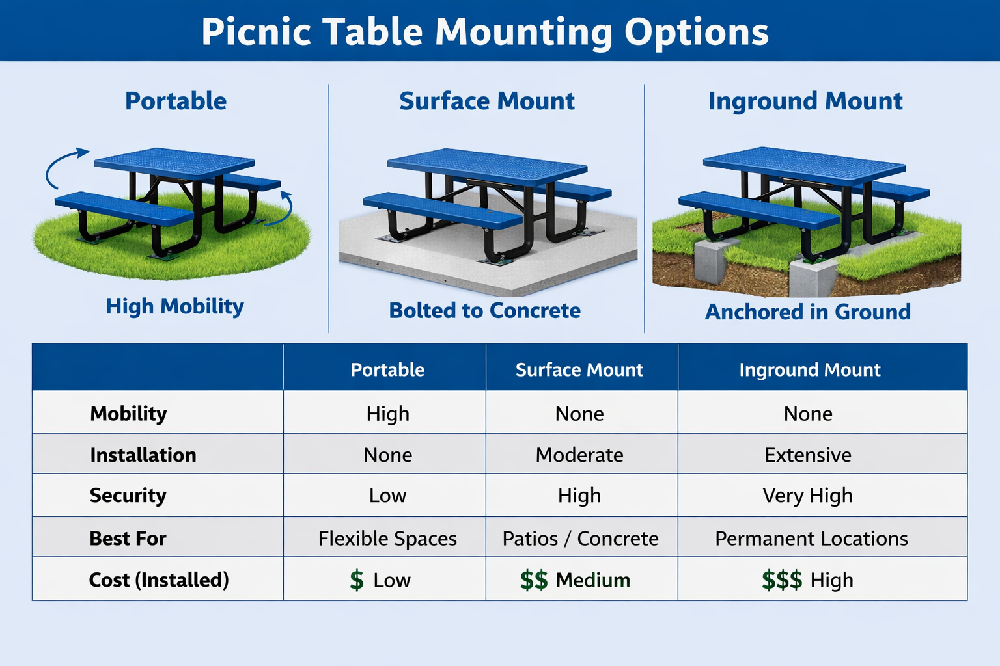 Infographic comparing portable, surface mount, and inground picnic table options including mobility, installation, security, and cost for commercial applications